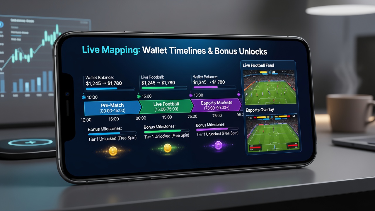 Illustration von Esports-Live-Märkten mit mobilen Wallet-Integrationen und Bonus-Freischaltungen während eines Turniers